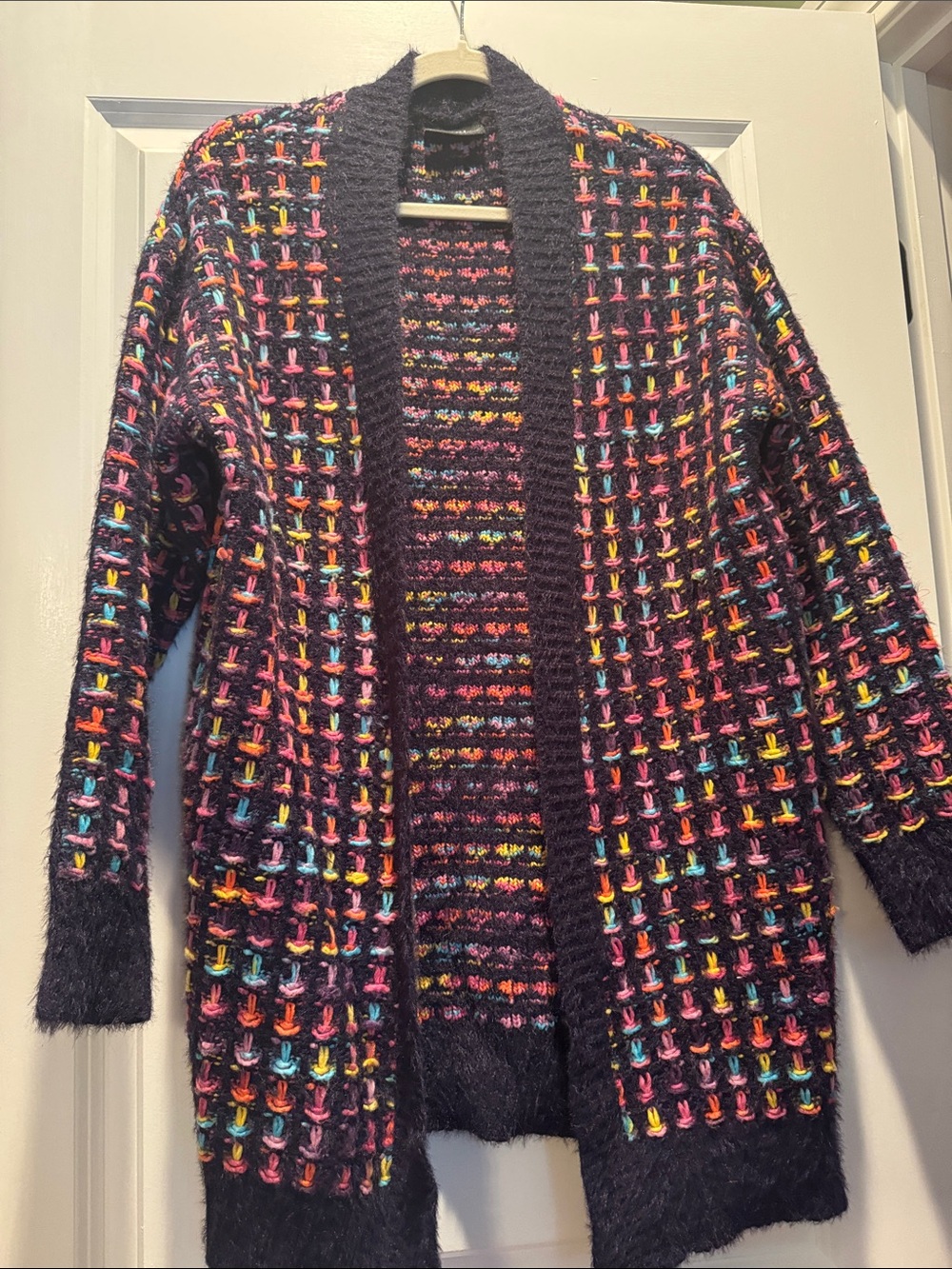 Vici Multicolor Stitch Open-Front Cardigan in Deep Purple